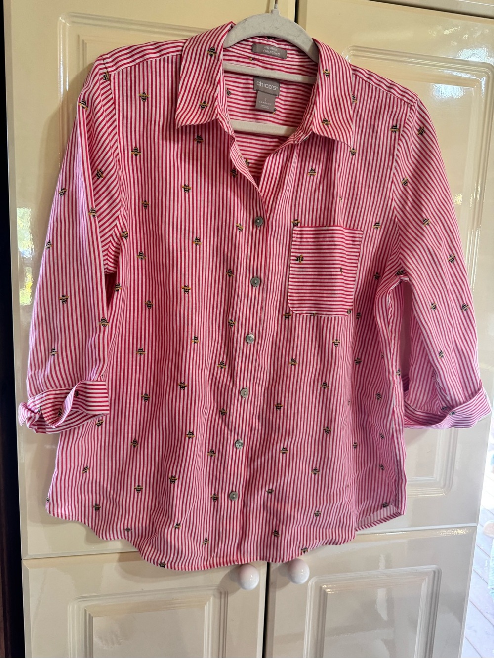 Chico's Pink and White Striped Button-Down Shirt with Tiny Embroidered Motifs